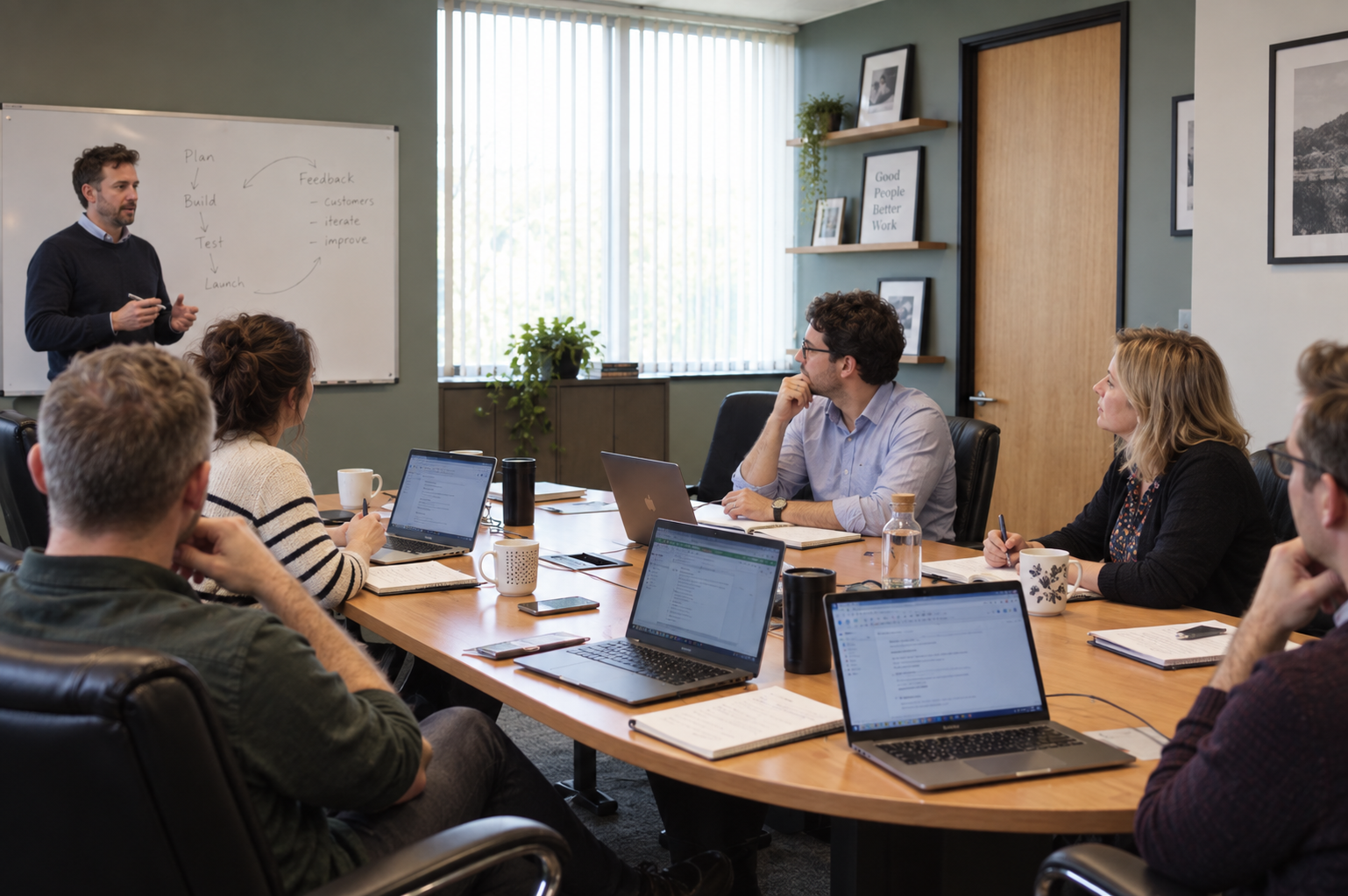Illustrative meeting scene with a team discussing work beside a whiteboard